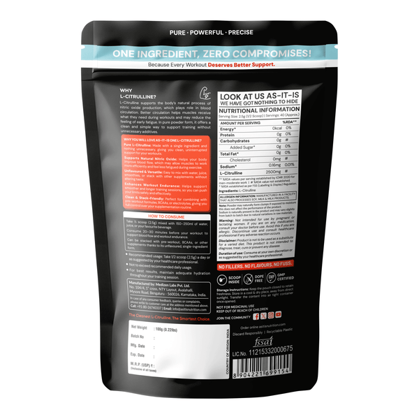 AS-IT-IS Nutrition Pure L-Citrulline Powder, Boosts Nitric oxide & Muscle growth