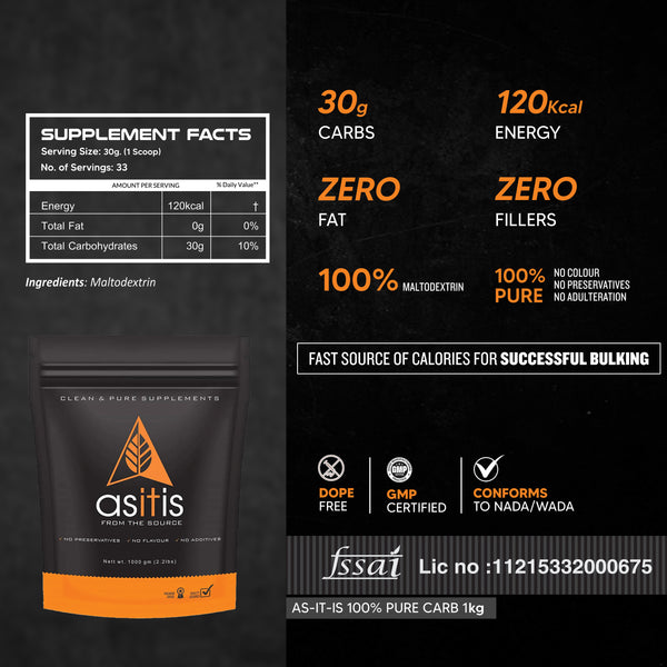 AS-IT-IS Nutrition 100% Pure Carb | Carbohydrates for Weight Gain | Unflavoured |  Lab Tested