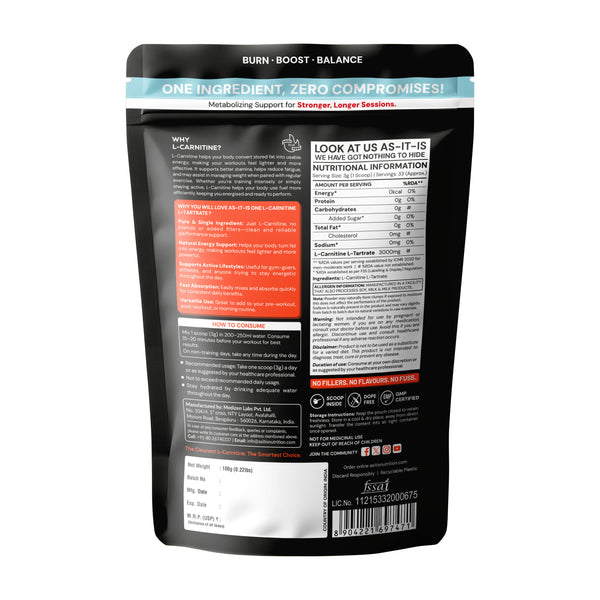 AS-IT-IS Nutrition Pure L-Carnitine L-Tartarate Powder, Amino Acid for Energy & Performance