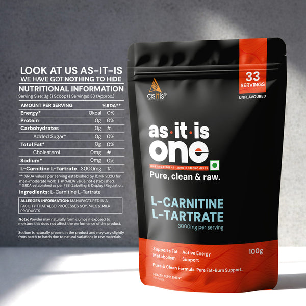 AS-IT-IS Nutrition Pure L-Carnitine L-Tartarate Powder, Amino Acid for Energy & Performance