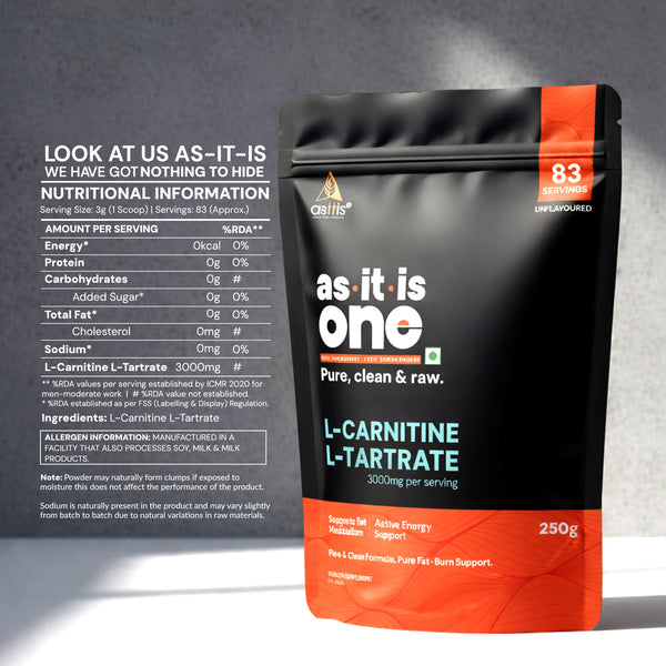 AS-IT-IS Nutrition Pure L-Carnitine L-Tartarate Powder, Amino Acid for Energy & Performance