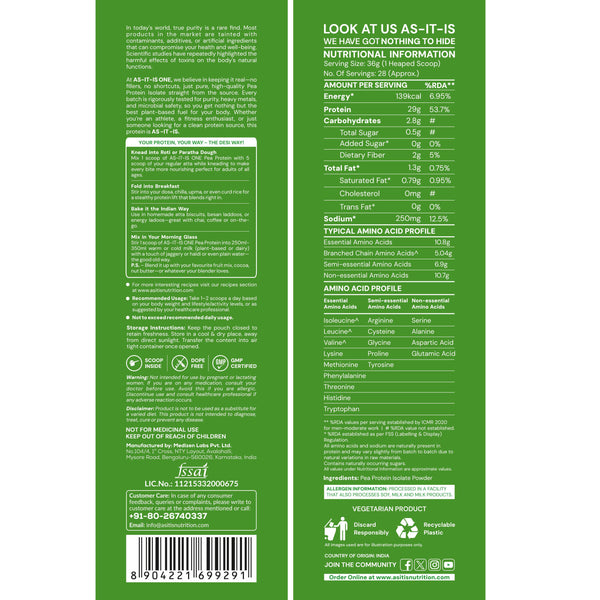AS-IT-IS ONE Pea Protein Isolate - Plant Based Protein Powder, Supports Muscle Recovery & Growth