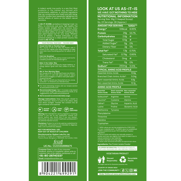 AS-IT-IS ONE Pea Protein Isolate - Plant Based Protein Powder, Supports Muscle Recovery & Growth
