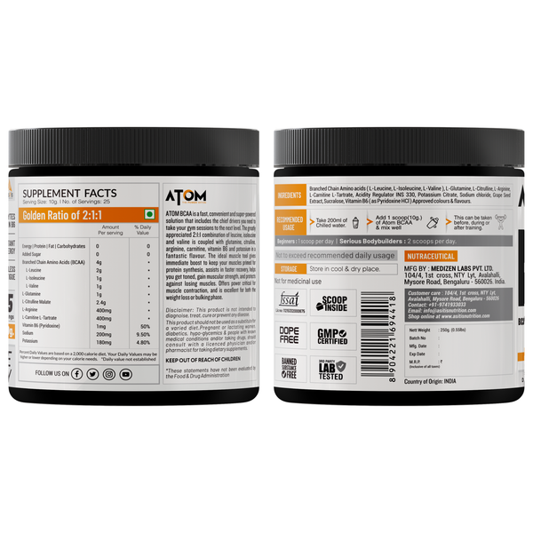 AS-IT-IS ATOM BCAA 250g with L-arginine, L-Carnitine, L-Citrulline for Energy Burst & Athletic Performance