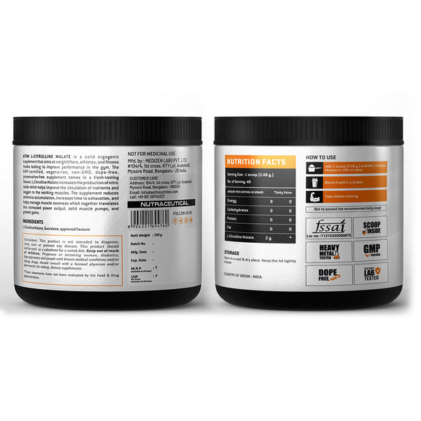 ATOM L Citrulline Malate | 0 Sugar | Improves Tolerance to High-Intensity Exercise | Builds Stamina |
