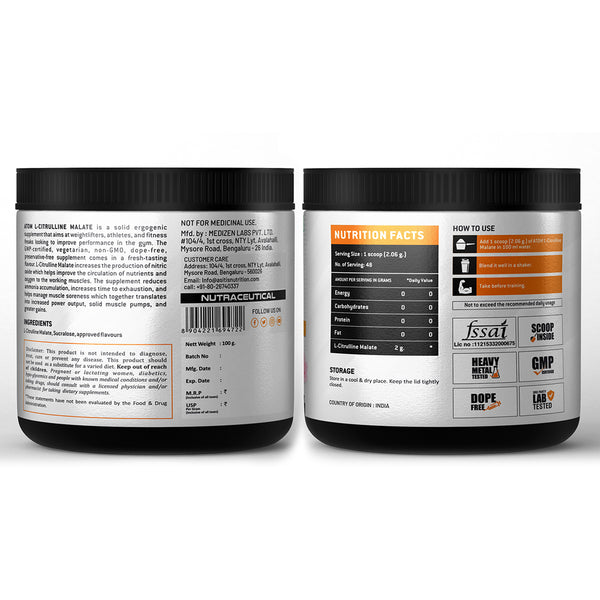 ATOM L Citrulline Malate 2:1 -| 0 Sugar | Improves Tolerance to High-Intensity Exercise | Builds Stamina |