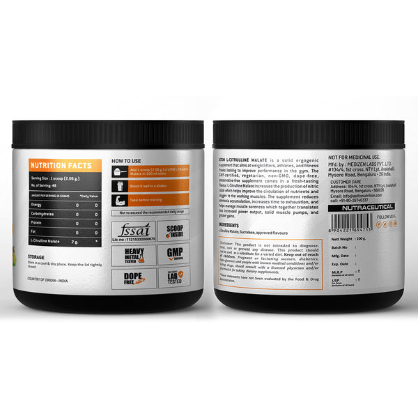 ATOM L Citrulline Malate 2:1 -| 0 Sugar | Improves Tolerance to High-Intensity Exercise | Builds Stamina |