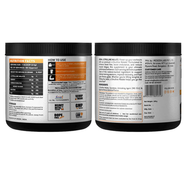ATOM L Citrulline Malate | 0 Sugar | Improves Tolerance to High-Intensity Exercise | Builds Stamina |