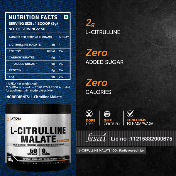 ATOM L Citrulline Malate | 0 Sugar | Improves Tolerance to High-Intensity Exercise | Builds Stamina |