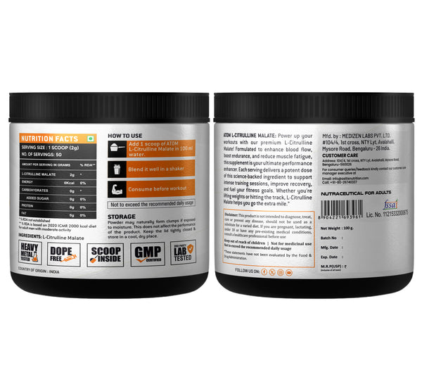 ATOM L Citrulline Malate | 0 Sugar | Improves Tolerance to High-Intensity Exercise | Builds Stamina |