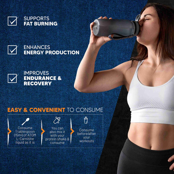 ATOM L- Carnitine 3000mg Liquid, Helps Convert Fat into Energy, With Vit. B6, B12