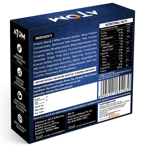 AS-IT-IS ATOM High Protein Bar | 20g Protein | Zero Transfat | Zero Added Sugar | Whey Protein Concentrate, Isolate & Hydrolysate as Protein Source | Pack of 6 (60g x 6)