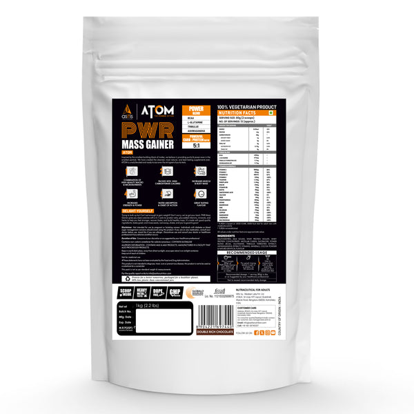 AS-IT-IS ATOM PWR Mass Gainer | 5:1 Carb-Protein Ratio | Powered with BCAA, L-Glutamine, Tribulus, Ashwagandha