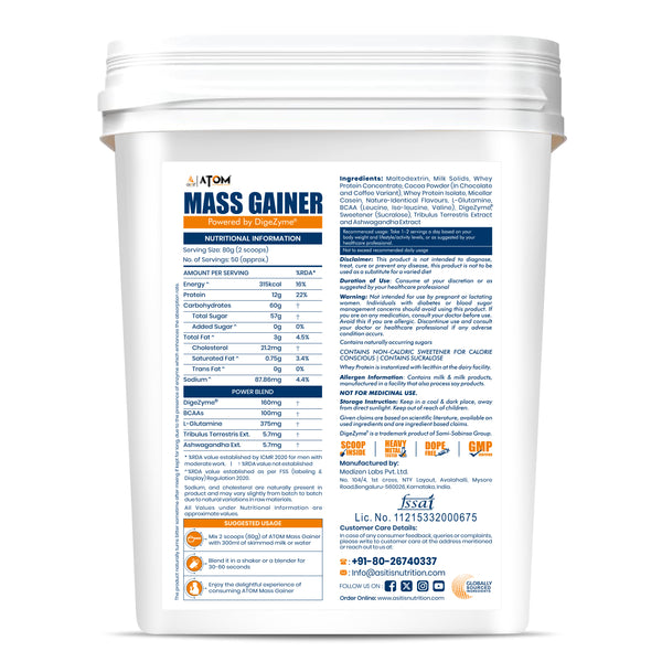 AS-IT-IS ATOM PWR Mass Gainer | 5:1 Carb-Protein Ratio | Powered with BCAA, L-Glutamine, Tribulus, Ashwagandha