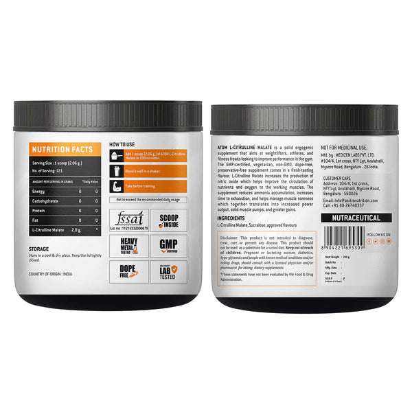 ATOM L Citrulline Malate | 0 Sugar | Improves Tolerance to High-Intensity Exercise | Builds Stamina |