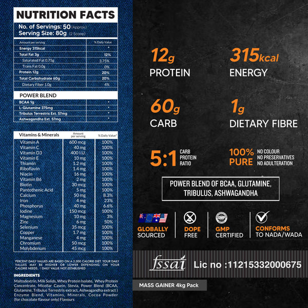AS-IT-IS ATOM PWR Mass Gainer | 5:1 Carb-Protein Ratio | Powered with BCAA, L-Glutamine, Tribulus, Ashwagandha