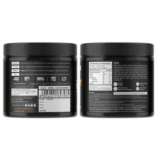 AS-IT-IS ATOM Creasure® 100% Soluble Creatine Monohydrate, Micronised & Unflavored,