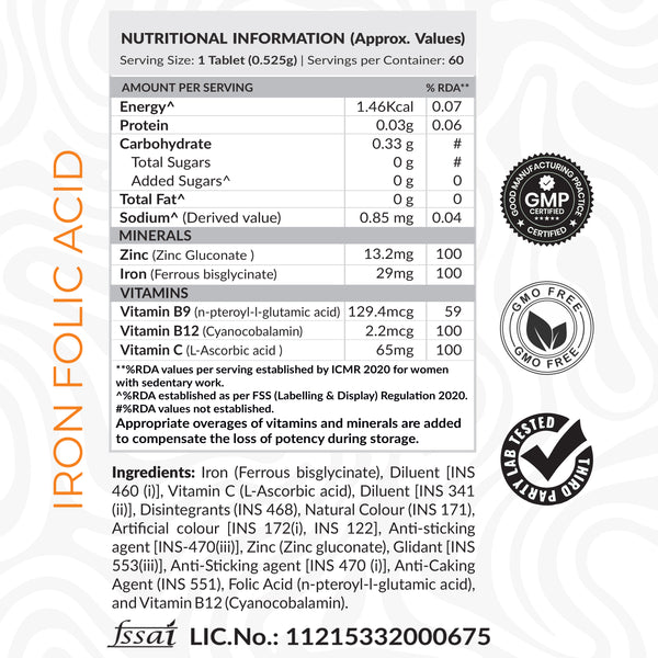ATOM Iron & Folic Acid with Zinc | Vitamin C & B12 | 60 Veg Tablets