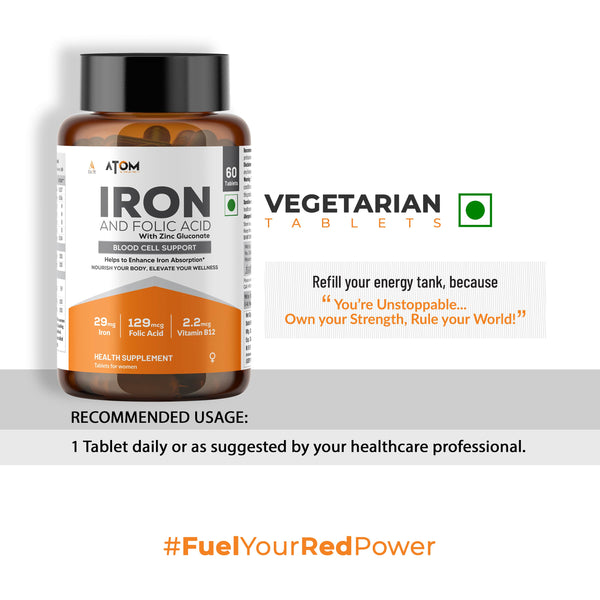 ATOM Iron & Folic Acid with Zinc | Vitamin C & B12 | 60 Veg Tablets