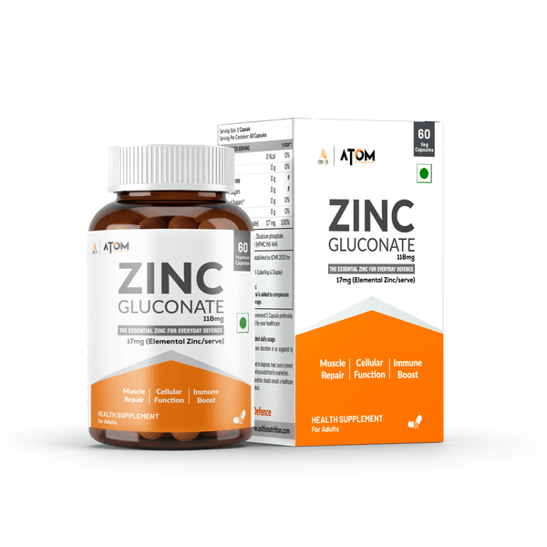 ATOM Zinc Gluconate 118mg I 17mg Elemental Zinc I 60 Veg Capsules