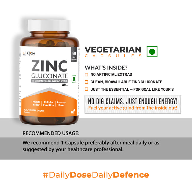 ATOM Zinc Gluconate 118mg I 17mg Elemental Zinc I 60 Veg Capsules