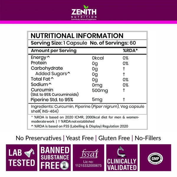 Zenith Nutrition Curcumin Plus with Piperine 500mg - 60 Capsules