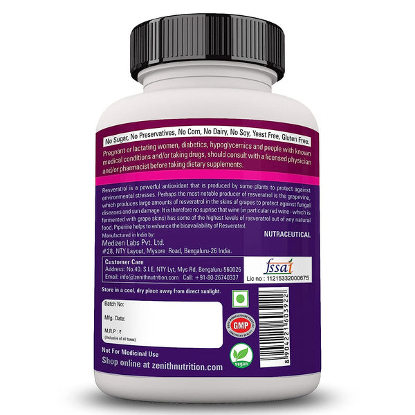 Zenith Nutrition Resveratrol with Piperine  - 90 Veg Capsules | Super Antioxidant | Promotes Cardiovascular Health