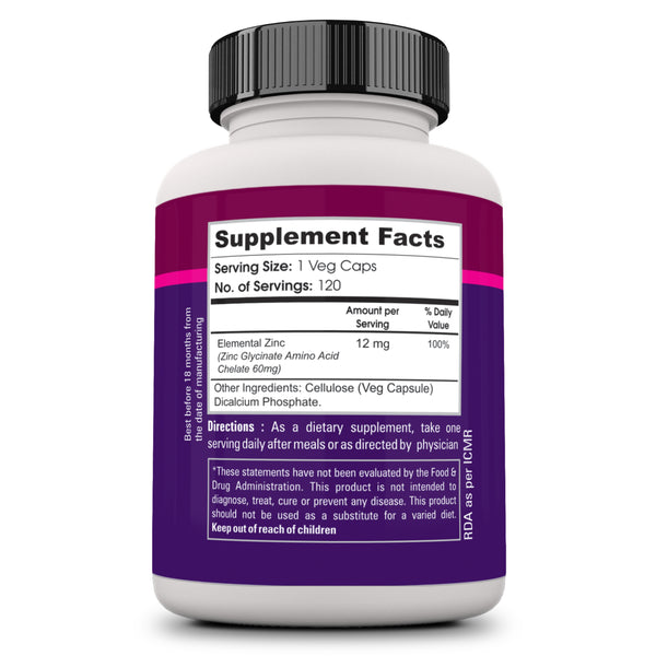 Zenith Nutrition High Absorption Chelated Zinc Glycinate 60mg - 120 Veg capsules | Boosts Immunity | For General Wellbeing