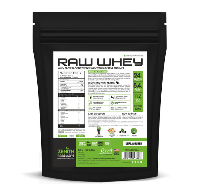 Zenith Nutrition Raw Whey Protein 80% | USA Made | with Digestive Enzymes (Unflavoured) 1 KG