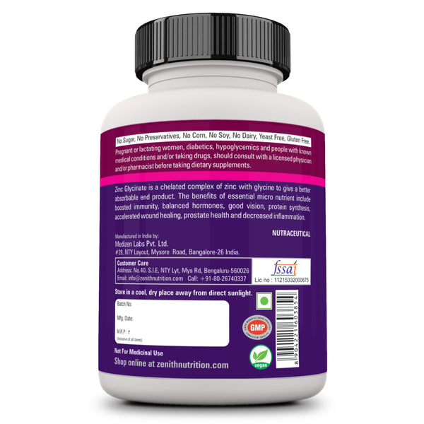 Zenith Nutrition High Absorption Chelated Zinc Glycinate 60mg - 120 Veg capsules | Boosts Immunity | For General Wellbeing