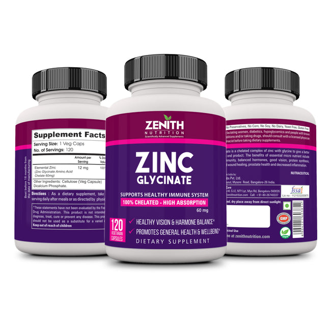 Zenith Nutrition High Absorption Chelated Zinc Glycinate 60mg - 120 Veg capsules | Boosts Immunity | For General Wellbeing
