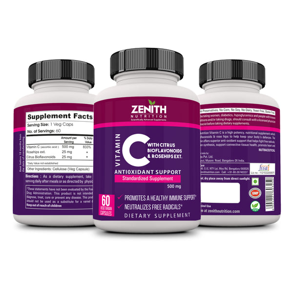 Zenith Nutrition Vitamin C with Rosehips & Citrus Bioflavonoids, 500mg - 60 Veg caps