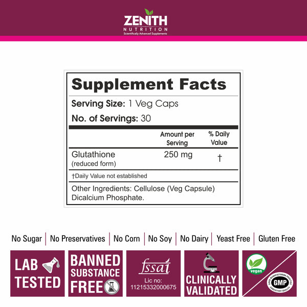 Zenith Nutrition Glutathione 250mg  - 30 Veg caps