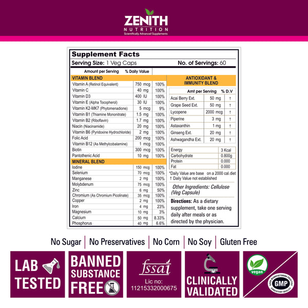 Zenith Nutrition Multivitamin for Men & Women with Astaxanthin, Piperine & Ginseng - 60 veg capsules | Daily Active Multiple with Antioxidant, Mineral & Vitamin Blend