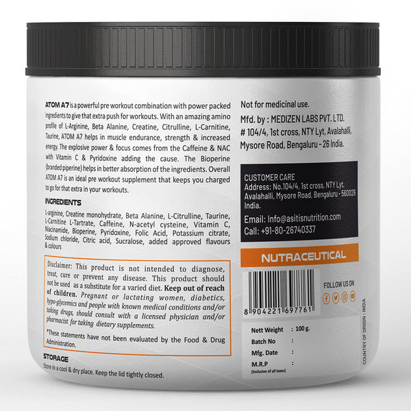 AS-IT-IS ATOM A7 Pre-workout for Pump & Performance | Caffeine 200mg | with L-arginine, Creatine, Beta-alanine for Athletic Performance | Watermelon Flavour