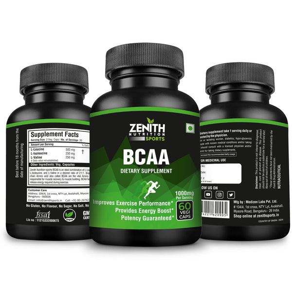 Zenith Sports BCAA 1000mg per serving of 2 capsules | Improves Athletic Performance- 60 Capsules