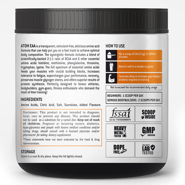 AS-IT-IS ATOM EAA (Essential Amino Acids) 100g | 2:1:1 BCAA Ratio | 9.6g EAA | Zero Added Sugar | 9 Servings | Tangy Orange Flavor
