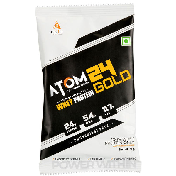 AS-IT-IS ATOM 24 Gold Whey Protein 31g - 10 Sachets | Combination Of Whey Isolate & Concentrate | 24g Protein | 5.4g BCAA | 11.7g EAA