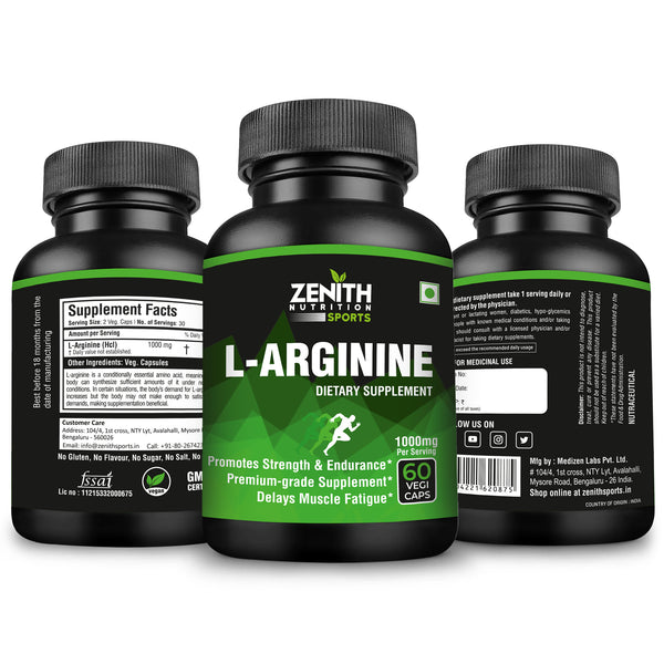 Zenith Sports L-Arginine - 60 VegiCaps | 1000mg per serving of 2 caps | Muscle Building | Promotes Stamina & Endurance