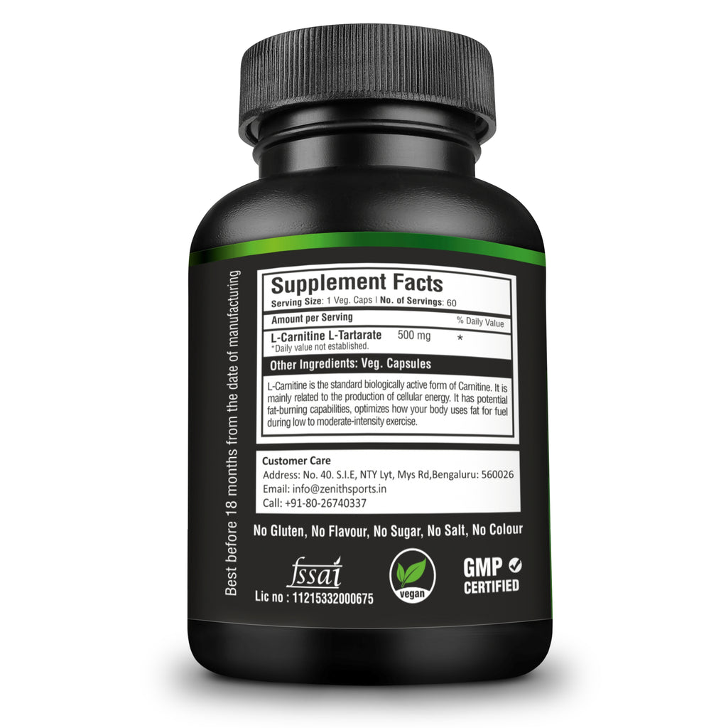 Zenith Sports L-Carnitine 500mg, 60 Capsules | Fat Burner | Boosts Energy