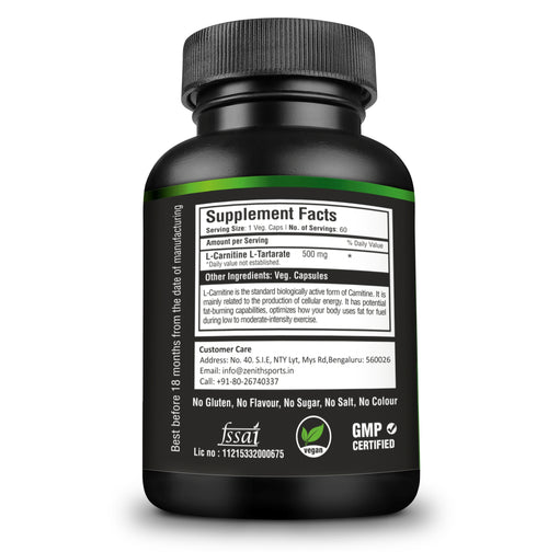 Zenith Sports L-Carnitine 500mg, 60 Capsules | Fat Burner | Boosts Energy