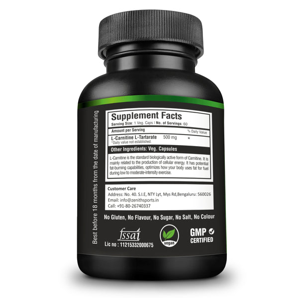 Zenith Sports L-Carnitine 500mg, 60 Capsules | Fat Burner | Boosts Energy