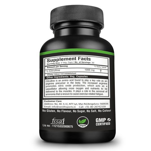 Zenith Sports L-Citrulline - 1000mg per serving of 2 caps | Natural Amino Acid for Muscles