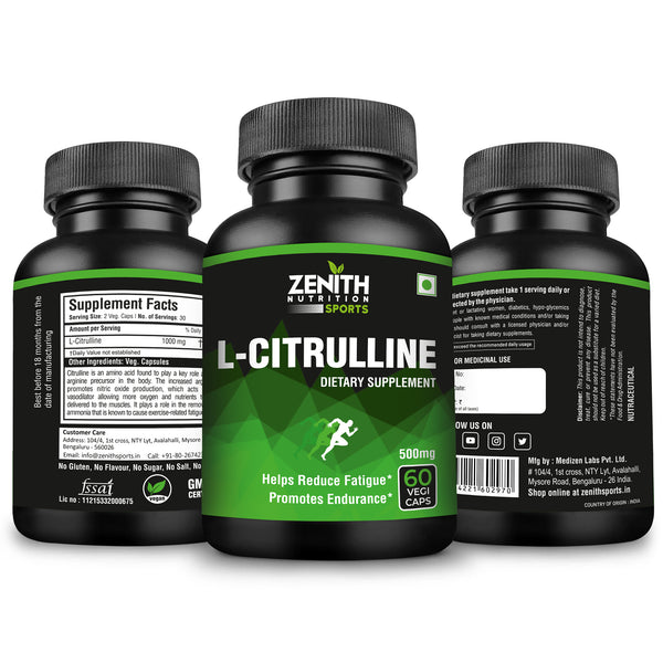 Zenith Sports L-Citrulline - 1000mg per serving of 2 caps | Natural Amino Acid for Muscles