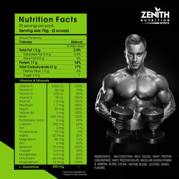 Zenith Mass Gainer++ with Enzyme blend  17gm Protein 51gm Carbs Added Glutamine Lab tested - (French Vanilla)