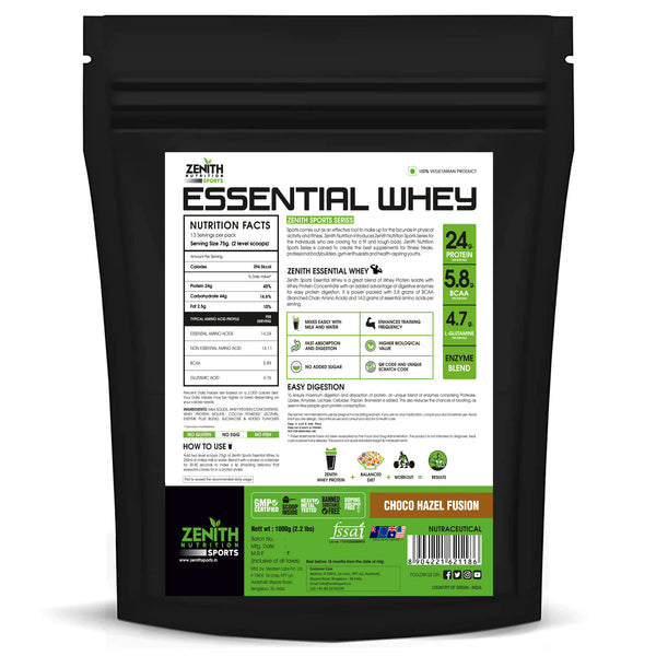 Zenith Sports Essential Whey 1kg | 24g Protein | 5.8g BCAA | Accelerate Performance | Muscle gain | Choco Hazel Fusion