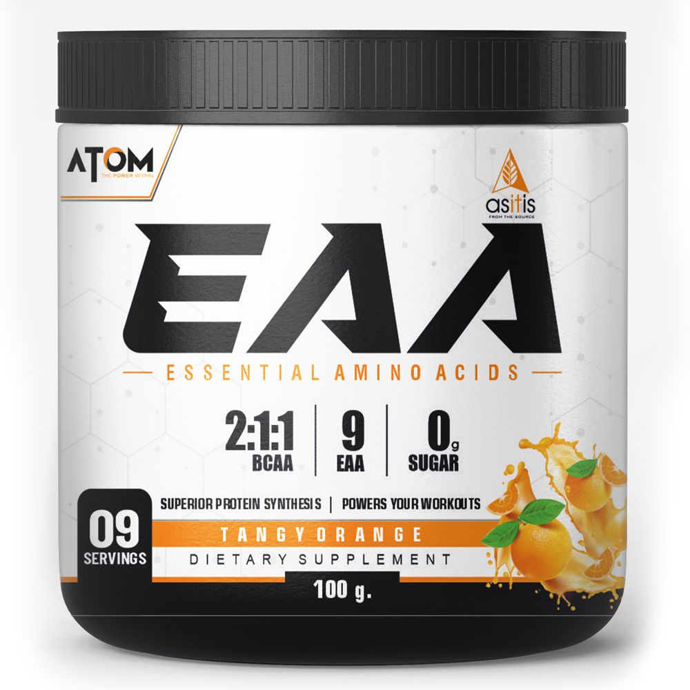AS-IT-IS ATOM EAA (Essential Amino Acids) 100g | 2:1:1 BCAA Ratio | 9.6g EAA | Zero Added Sugar | 9 Servings | Tangy Orange Flavor