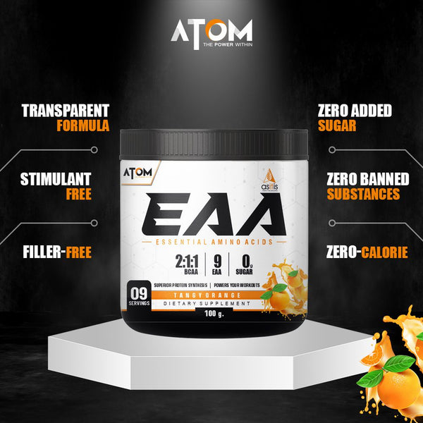 AS-IT-IS ATOM EAA (Essential Amino Acids) 100g | 2:1:1 BCAA Ratio | 9.6g EAA | Zero Added Sugar | 9 Servings | Tangy Orange Flavor