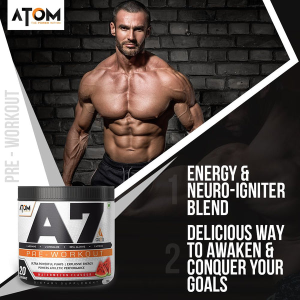 AS-IT-IS ATOM A7 Pre-workout for Pump & Performance | Caffeine 200mg | with L-arginine, Creatine, Beta-alanine for Athletic Performance | Watermelon Flavour