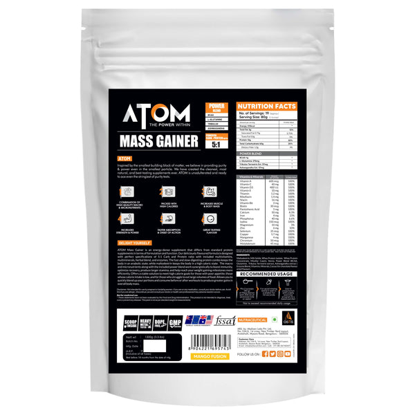 AS-IT-IS ATOM PWR Mass Gainer | 5:1 Carb-Protein Ratio | Powered with BCAA, L-Glutamine, Tribulus, Ashwagandha